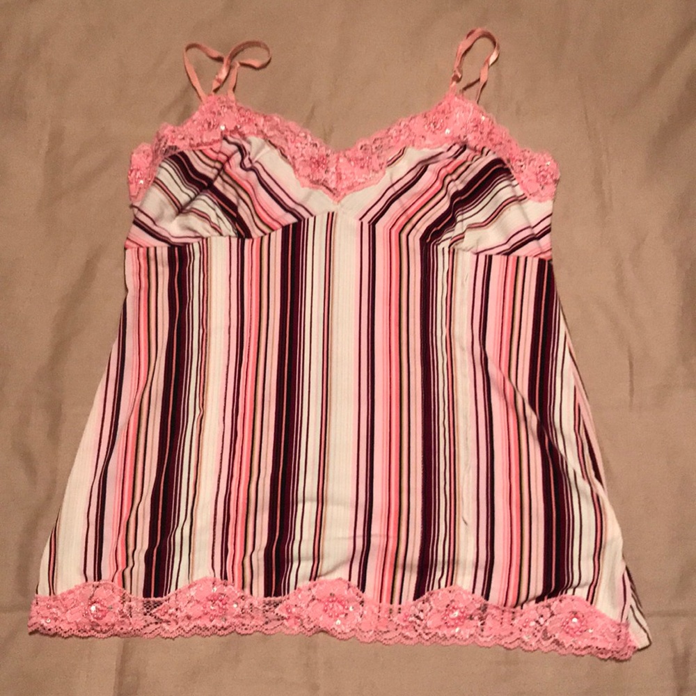Striped cami with bead and lace detail